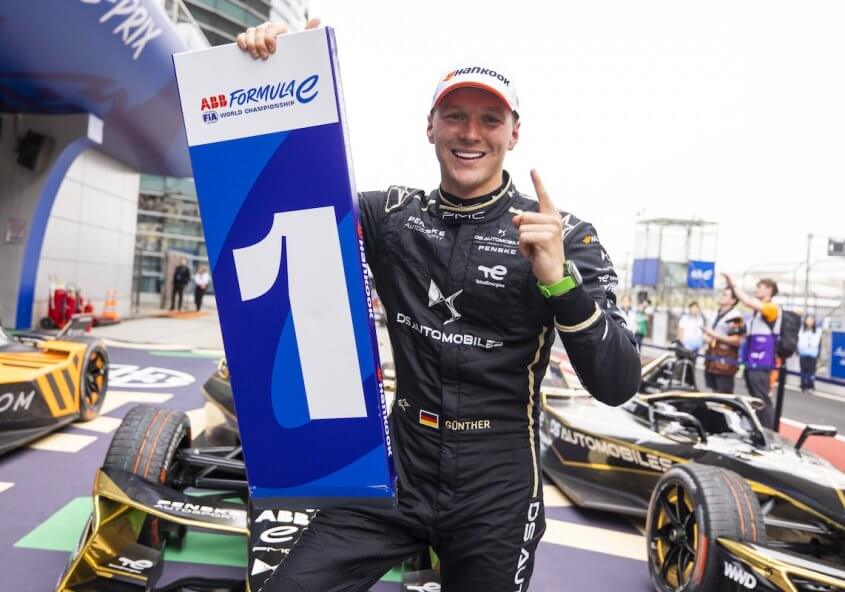 Maximilian Günther celebrates in the paddock after winning the 2025 Shanghai E-Prix for DS PENSKE